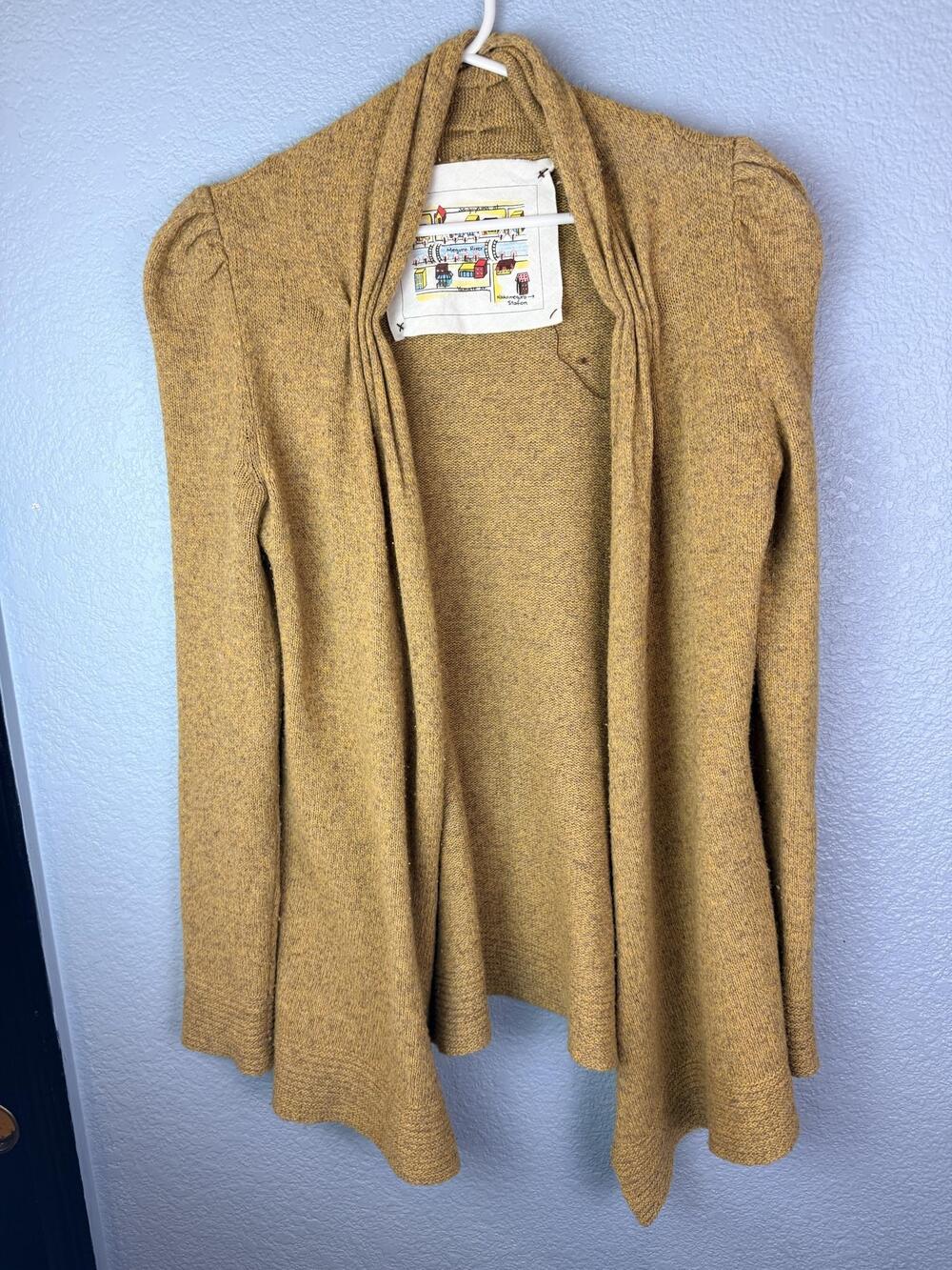 Meguro River Cardigan Sweater Womens Medium Yellow Wool Open Puff Sleeve Knit